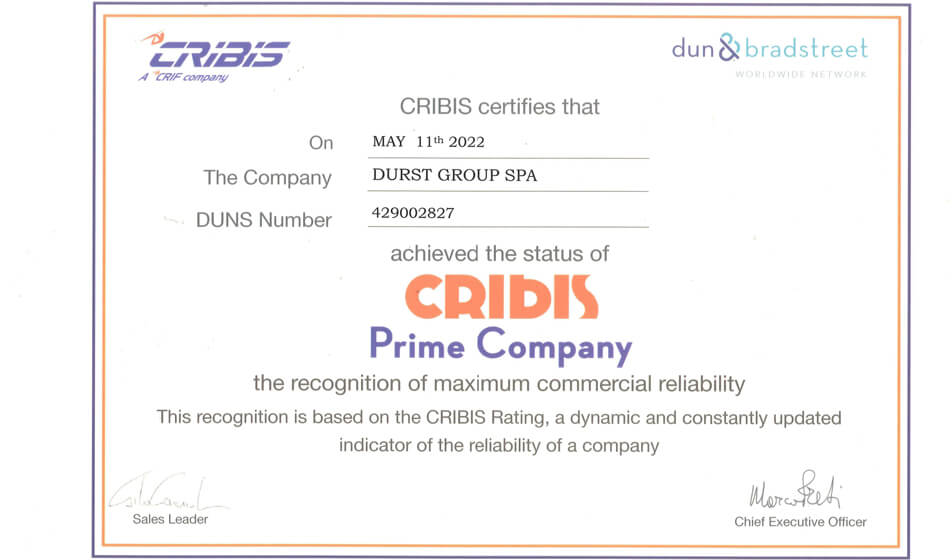 Durst Group ottiene il Cribis Prime Company